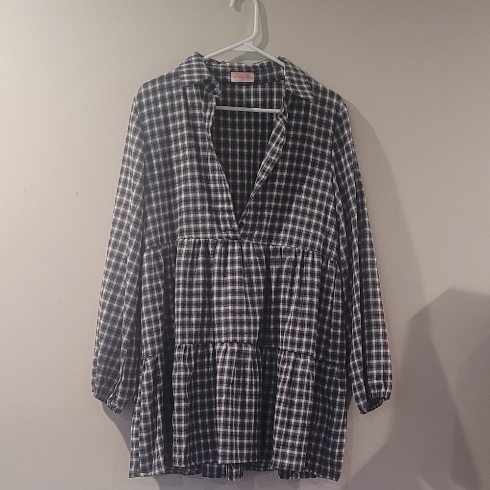 Long sleeve plaid baby doll dress (grey)